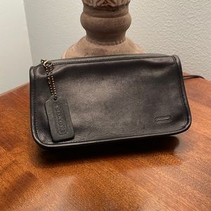 Vintage Coach Make-up Bag, Black Leather with Blue/White Striped Fabric Interior